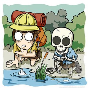 Man drinking water from river with skeleton kneeling beside him